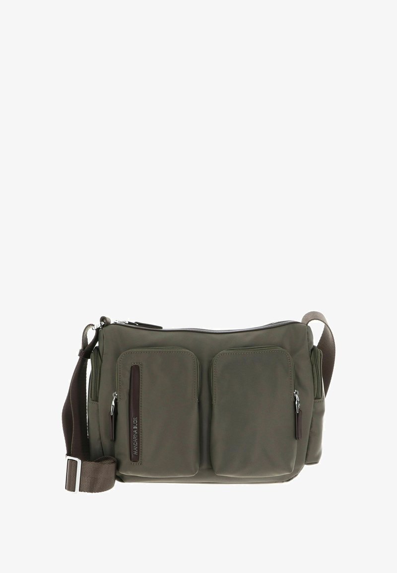 Borsa a tracolla verde oliva realizzata in nylon liscio, con due tasche frontali con zip, tracolla regolabile e sottili accenti marroni.