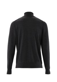 Dunkelgrauer langärmeliger Rollkragenpullover mit gerippten Bündchen und Saum, von hinten auf einem weißen Hintergrund gezeigt.