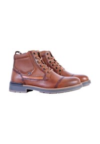 Bottes de cheville en cuir marron avec un design à lacets, présentant un panneau texturé, une pointe renforcée et une semelle en caoutchouc gris contrastant.