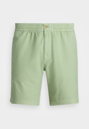 Shorts vert clair en coton doux, dotés d'une taille élastique, d'une braguette avant avec bouton et de jambes droites.