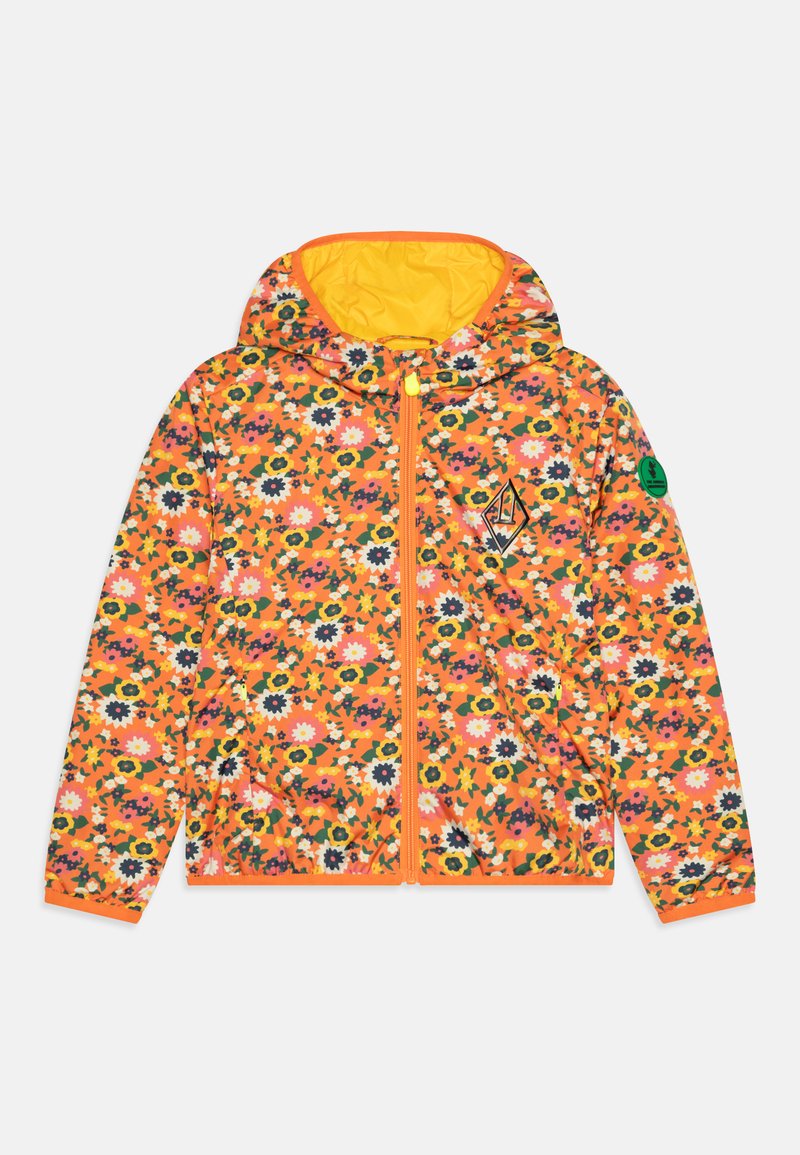 Kleurrijke, met bloemenpatroon bedekte jas met een oranje buitenkant, gele binnenvoering, ritssluiting en een logo-oproep op de mouw.