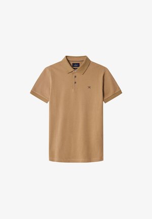 Palačinka smeđe boje od pamuka, s dvostrukim dugmetom, izvezenim logotipom i kratkim rukavima s rebrastim manžetama.