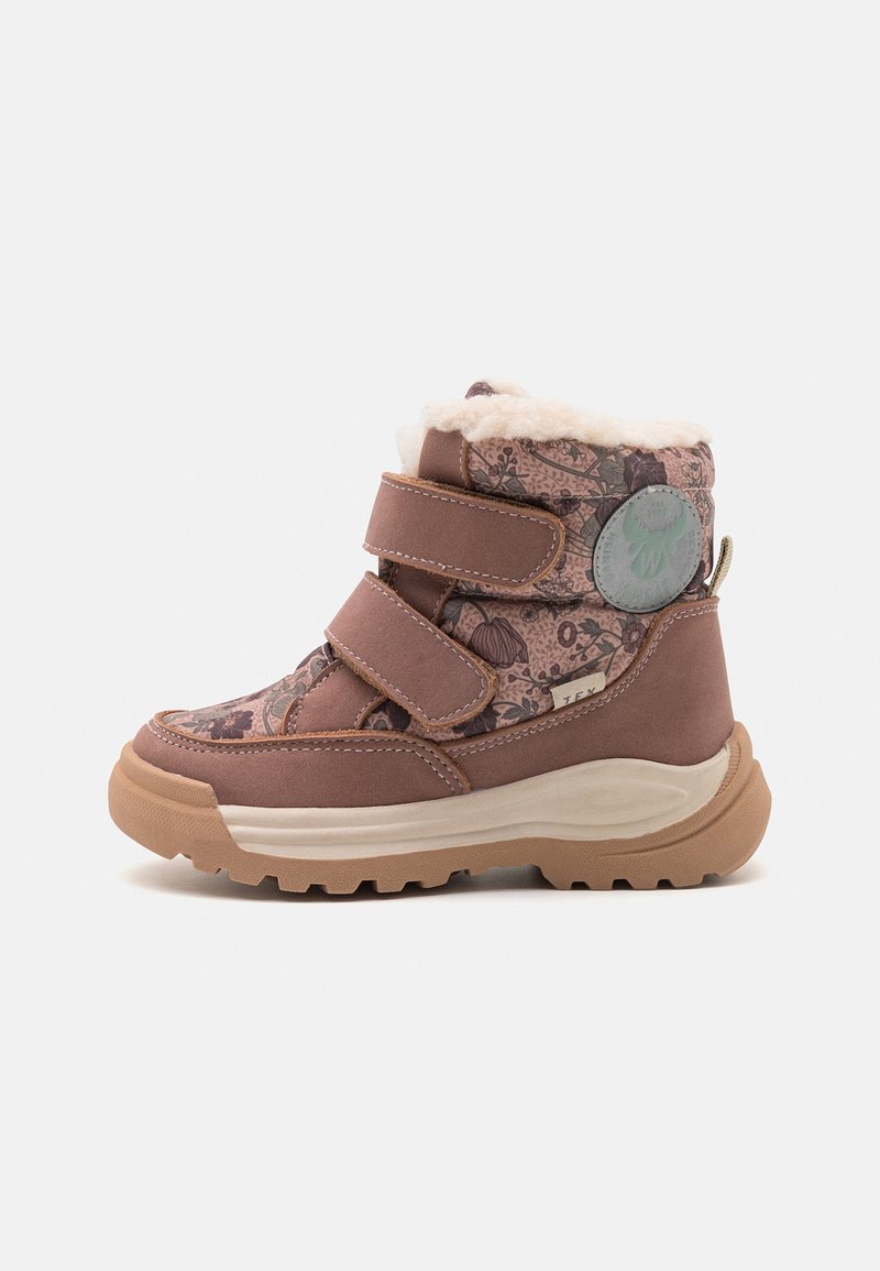 Botte d'hiver marron pour enfants avec motif floral, deux sangles Velcro, doublure en fausse fourrure et semelle épaisse en caoutchouc.