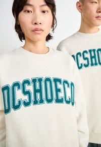 Krémová mikina s výšivkou teal "DCSHOECO", okrúhlym výstrihom a voľným strihom. Mäkká textúra s minimálnymi viditeľnými švami.