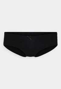 Sous-vêtements hipster en coton noir avec une texture lisse, ornés d'un petit nœud noir à l'avant. Design simple et minimaliste.