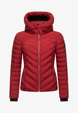 Red padded jacket with a chevron design, zip closure, and a high collar. Features ribbed cuffs and a logo patch on the sleeve.