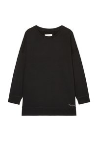 Sudadera negra de manga larga con cuello redondo, puños y dobladillo acanalados, que presenta un pequeño logo blanco de "Marc O'Polo" cerca del dobladillo inferior.