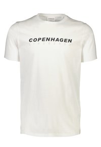 Vit bomullströja med rund halsringning, korta ärmar och tryckt text "KÖPENHAMN" i fet stil i svart över framsidan.