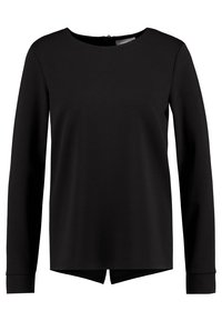 Černý dlouhý rukáv s kulatým výstřihem a mírně delší zadní částí. Hladký, jemný materiál s minimálním počtem švů a bez viditelných vzorů.