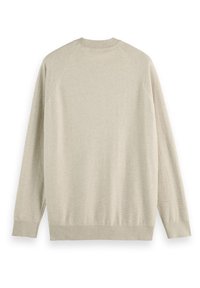 Pull à manches longues, col rond, couleur beige clair, avec poignets et ourlet côtelés, vu de dos sur fond blanc.