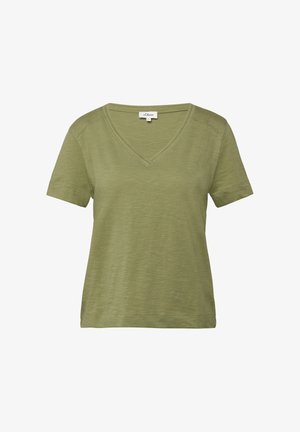 Olivgrünes T-Shirt mit kurzen Ärmeln und V-Ausschnitt, geradem Saum, aus einem leichten Stoff.