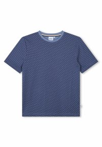 T-shirt bleu marine à motif texturé avec des manches courtes et un col rond. Doté d'un col contrastant bleu clair et d'une étiquette logo.