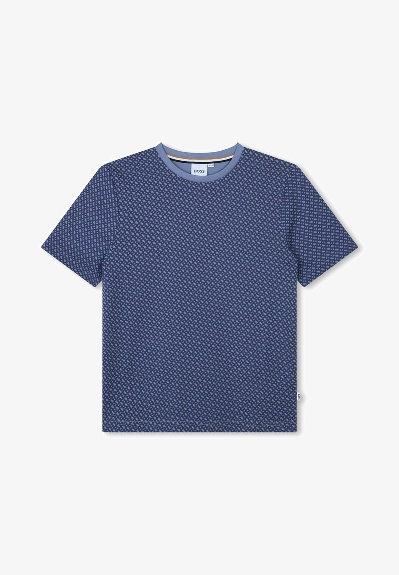 T-shirt bleu marine à motif texturé avec des manches courtes et un col rond. Doté d'un col contrastant bleu clair et d'une étiquette logo.
