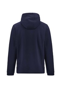 Felpa blu navy con cappuccio regolabile, maniche lunghe e polsini a coste. Presenta una texture liscia e un piccolo logo sul lato.