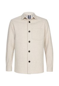 Giacca camicia a spina di pesce beige con maniche lunghe, taschino sul petto e bottoni scuri. Presenta un colletto classico e un orlo dritto.