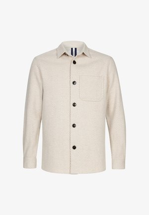 Beige visgraat hemdjasje met lange mouwen, een borstzak en donkere knopen. Heeft een klassieke kraag en een rechte zoom.