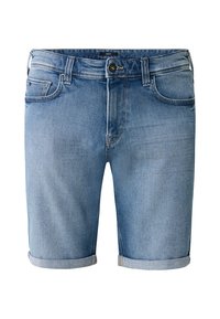 Ljusblå denimshorts med en klassisk design med fem fickor, som har knappstängning, sydda detaljer och uppvikta fållar.