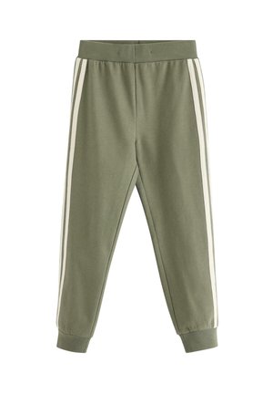 Oliwkowe spodnie dresowe z elastyczną talią, ściągaczami przy kostkach i dwoma białymi pionowymi paskami po każdej stronie.