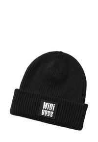 Black knit beanie with a ribbed texture and a folded cuff. Features a rectangular white label with "Mini Boss" in bold lettering.