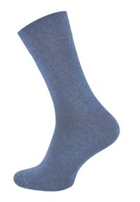 Calzino di cotone blu con una texture liscia, bordo a costine e tallone rinforzato. Forma standard con una leggera lucentezza che riflette la luce.