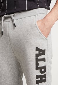 Grijze sweatpants met een elastische tailleband, zijzakken en een grote zwarte "ALPH" bedrukking langs het linkerpant. Katoenen stofmix met een gladde textuur.