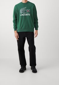 Zelená mikina s kulatým výstřihem, která má velké bílé logo Lacoste a grafiku krokodýla. V kombinaci s černými kalhotami a černými teniskami.