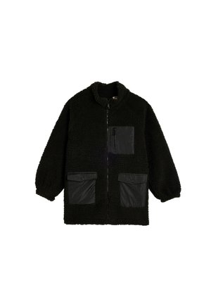 Zwarte fleece Jack met een ritssluiting, hoge kraag en drie zwarte nylon zakken. Geschikt met een gestructureerde stof en elastische manchetten.