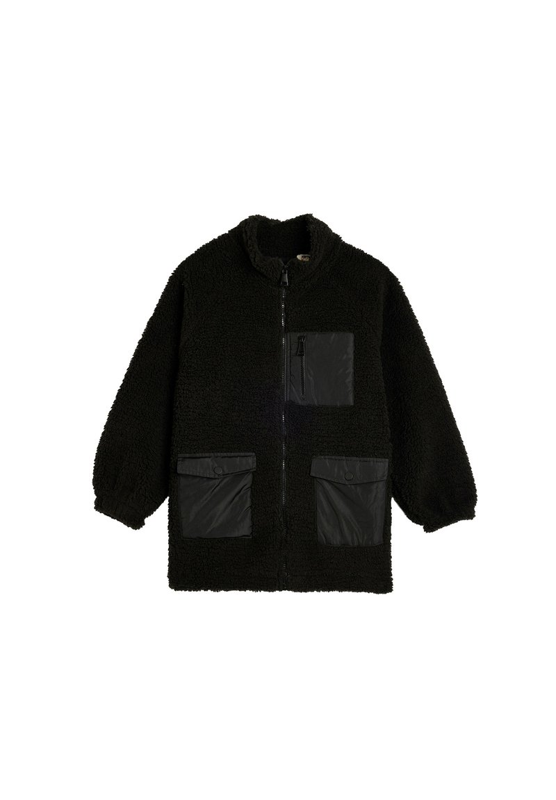Zwarte fleece Jack met een ritssluiting, hoge kraag en drie zwarte nylon zakken. Geschikt met een gestructureerde stof en elastische manchetten.