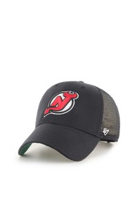 Black baseball cap with a red and white New Jersey Devils logo. Features a solid front and mesh back for breathability. Curved visor.
