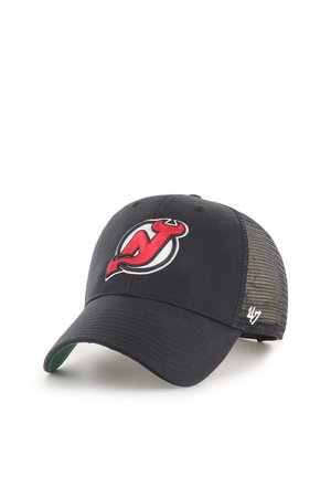 Black baseball cap with a red and white New Jersey Devils logo. Features a solid front and mesh back for breathability. Curved visor.