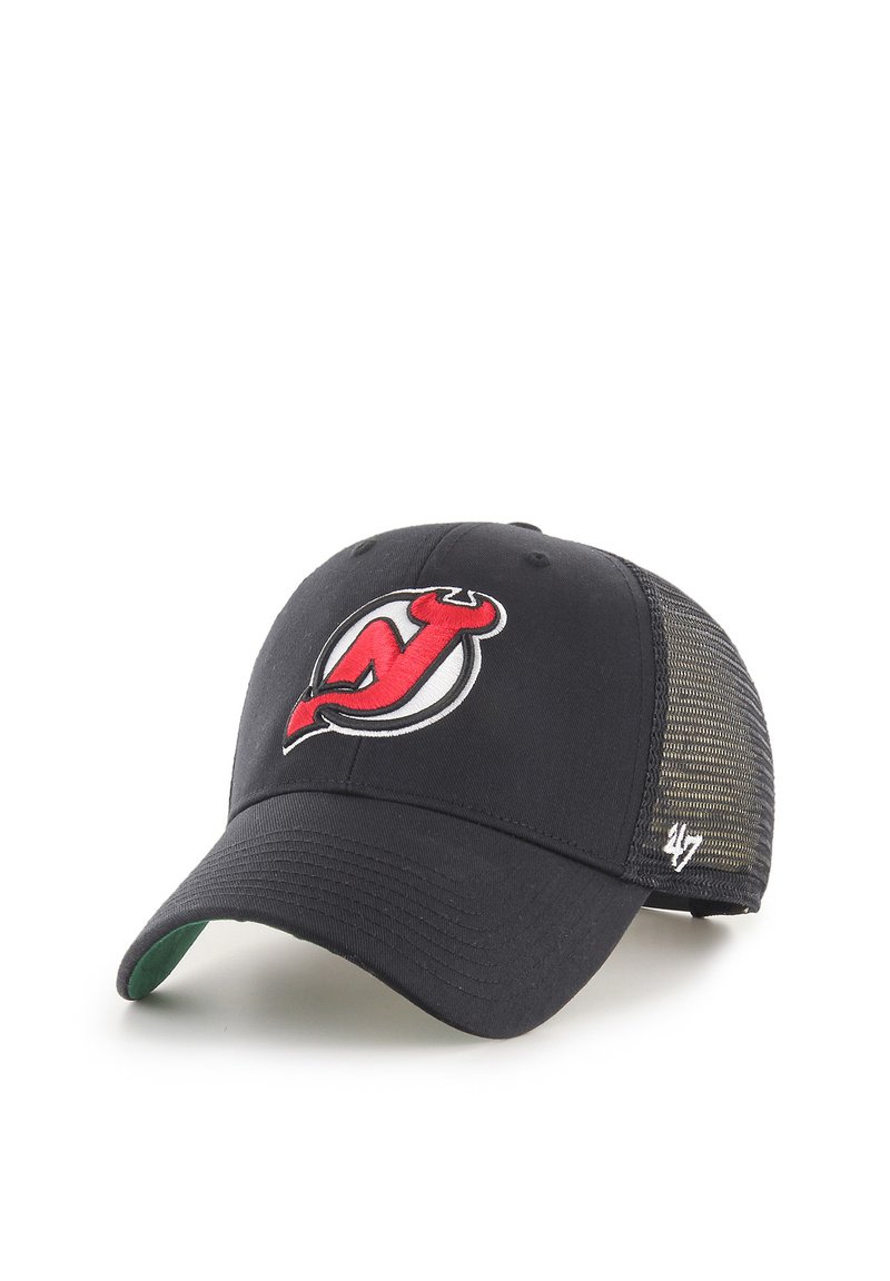 Black baseball cap with a red and white New Jersey Devils logo. Features a solid front and mesh back for breathability. Curved visor.