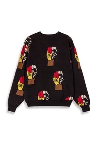 Zwart gebreide trui met kleurrijke handmotieven: rood, geel en bruin. Ronde hals, lange mouwen, met een gewaxt patroon door de hele trui.