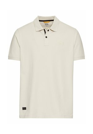 Cream polo shirt made of cotton, featuring a two-button placket, short sleeves, and a subtle logo patch on the chest.