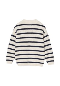 Strickpullover mit cremefarbigem Grund und marineblauen horizontalen Streifen, ausgestattet mit einem runden Ausschnitt und gerippten Bündchen und Saum. Strukturierte, lockere Passform.