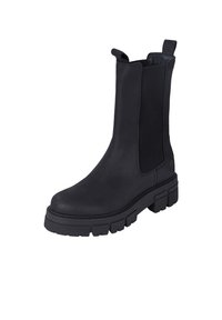 Black ankle boot made of smooth leather with elastic side panels, a sturdy rubber sole, and a loop tab for easy wear. Features a thick, ridged sole.