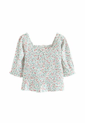 Lichtblauw topje met bloemenpatroon, voorzien van smocked textuur, vierkante halslijn en lange poffende mouwen. Zachte, lichtgewicht stof.