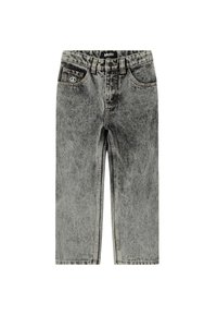 Grå denimjeans med en falmet finish, rett kutt og fredssymboldetalj på framlommen. Har standard lommer og midjebånd.