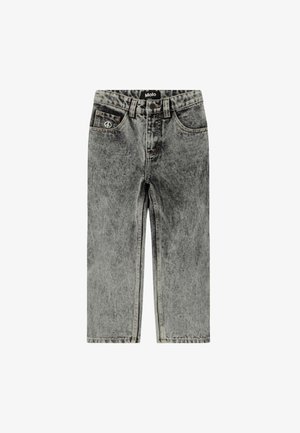 Jeans din denim gri cu un finisaj decolorat, croială dreaptă și detaliu cu simbolul păcii pe buzunarul din față. Include buzunare standard și o talie obișnuită.