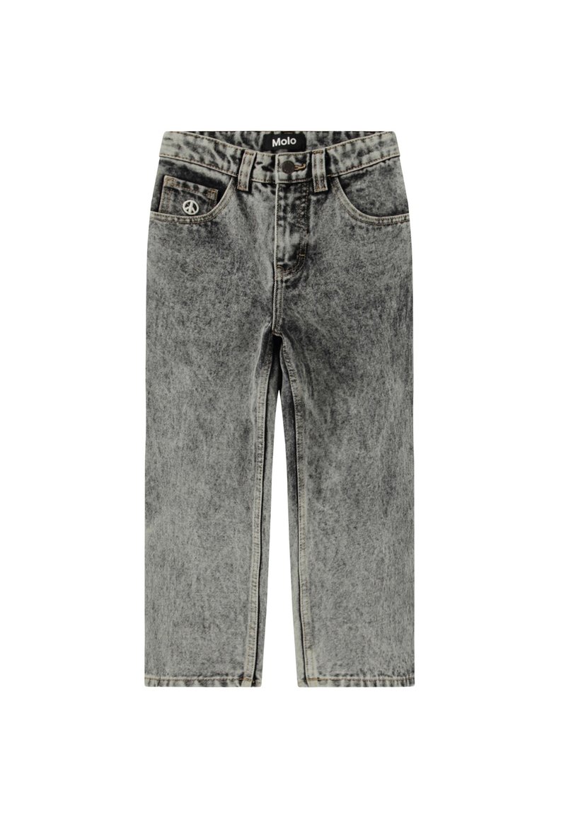 Grå denimjeans med en falmet finish, rett kutt og fredssymboldetalj på framlommen. Har standard lommer og midjebånd.