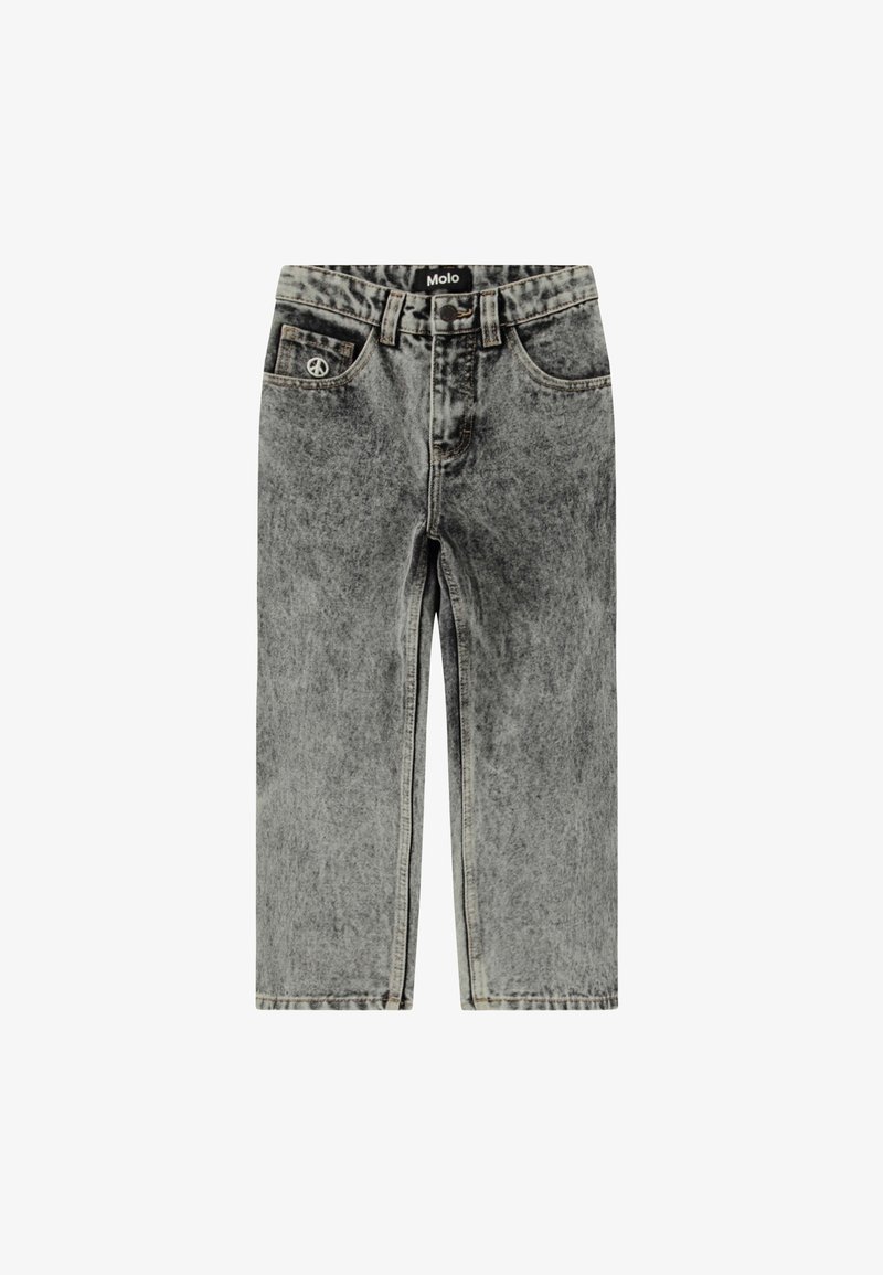 Jeans in denim grigio con finitura sbiadita, taglio dritto e dettaglio del simbolo della pace sulla tasca anteriore. Caratterizzati da tasche standard e cintura.