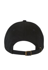 Casquette de baseball noire avec une sangle ajustable à l'arrière, fabriquée en toile de coton, avec une visière courbée et des coutures renforcées.