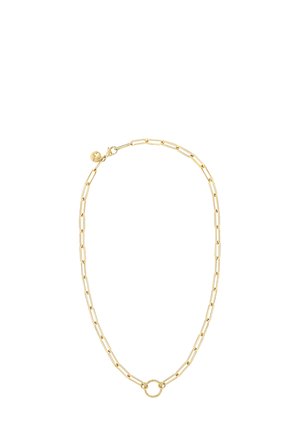 Gold chain necklace featuring elongated links, circular accent, and a secure clasp. Smooth, polished surface with a shiny finish.