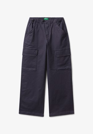 Dunkelgraue weit geschnittene Cargo-Hosen mit elastischem Bund, verstellbaren Kordelzügen, Seitentaschen und Klappentaschen an jedem Bein.