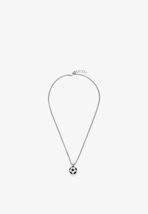 Silver chain necklace with a black and white soccer ball pendant hanging at the center on a white background.