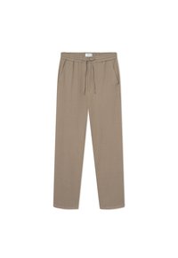 Pantalones beige, ligeros, con un patrón texturizado, cinturilla con cordón y bolsillos laterales. Diseño de pierna recta, adecuados para el uso casual.