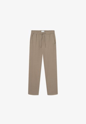 Pantaloni bej, ușori, cu un model texturat, talie cu șnur și buzunare laterale. Design cu picior drept, potriviți pentru ținute casual.