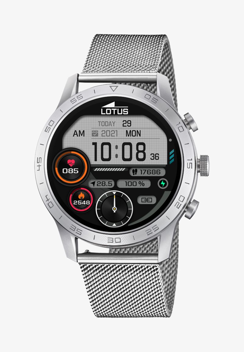 Srebrna pametna ura z okroglo črno zaslono, športnimi podatkovnimi metri, mrežnim kovinskim trakom in barvitimi indikatorji za srčni utrip ter aktivnost.