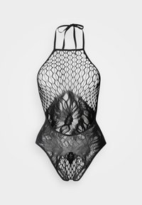 Μαύρο κορμάκι από δίχτυ και δαντέλα, με λαιμόκοψη halter, ανοιχτό πλεκτό σχέδιο και λουλουδάτη δαντέλα στο μπροστινό μέρος.