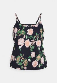 Marinblå blommig linne med justerbara spaghetti-axelband. Har ett texturerat tyg med pastellpeach- och grön ros mönster.