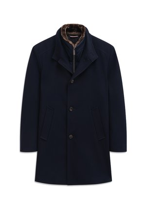 Navy Wollmischungsjacke mit einem Reißverschluss-Innenfutter, Stehkragen mit Kunstpelzfutter, Knopfverschluss und zwei Seitentaschen.